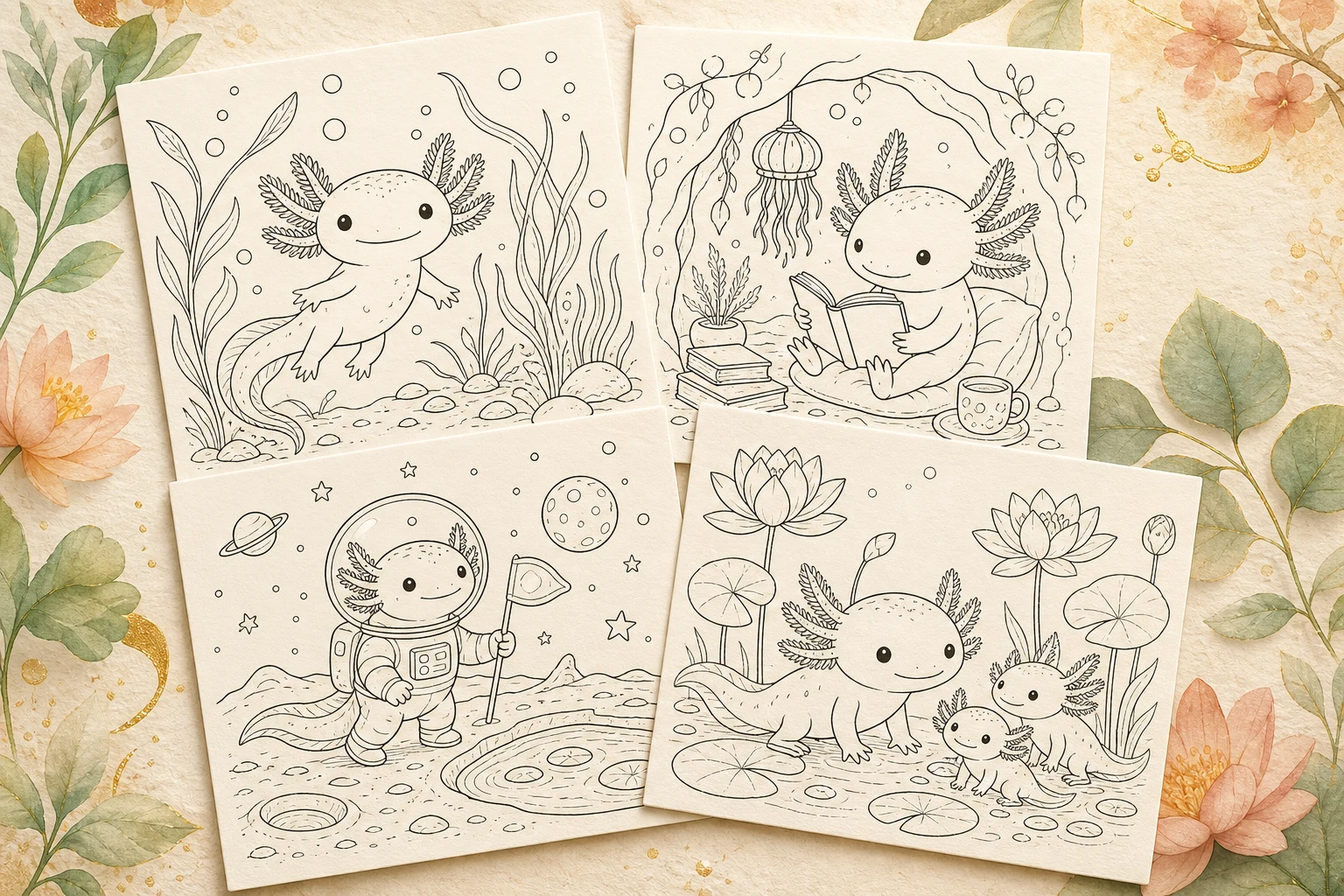 Four original axolotl coloring page concepts on warm paper: water garden, reading nook, moon pond, and lotus family scenes