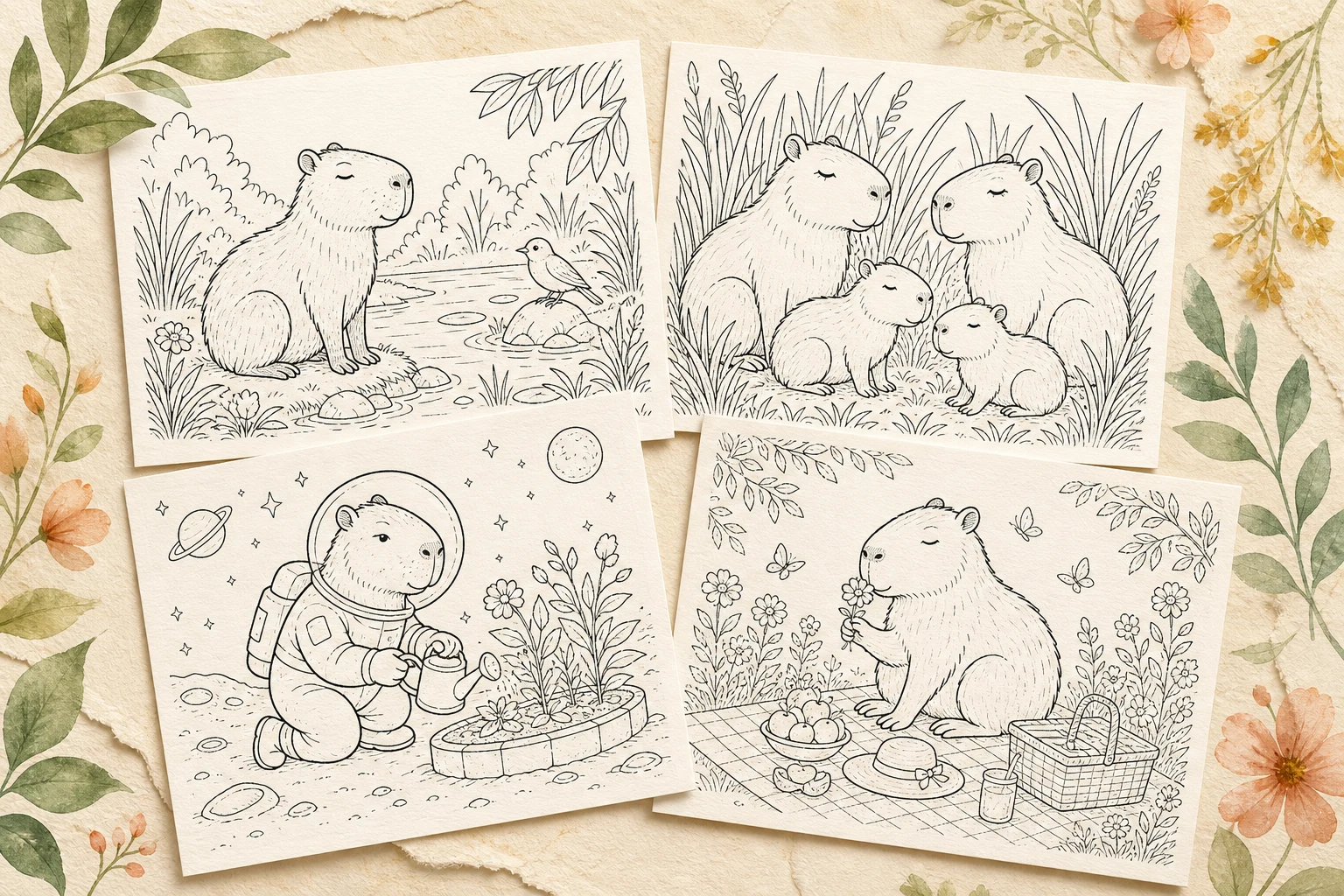 Four original capybara coloring page concepts on warm paper: pond, family, moon garden, and flower picnic scenes