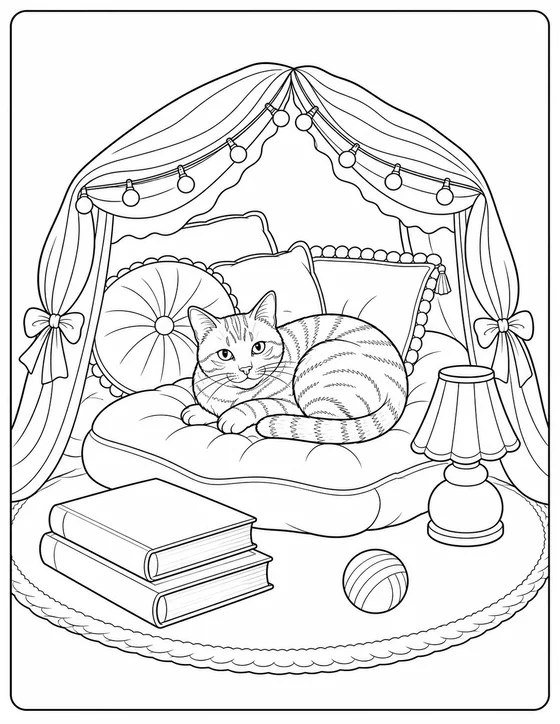 Original detailed cat coloring page with a cat curled inside a blanket fort with cushions, books, and lamp