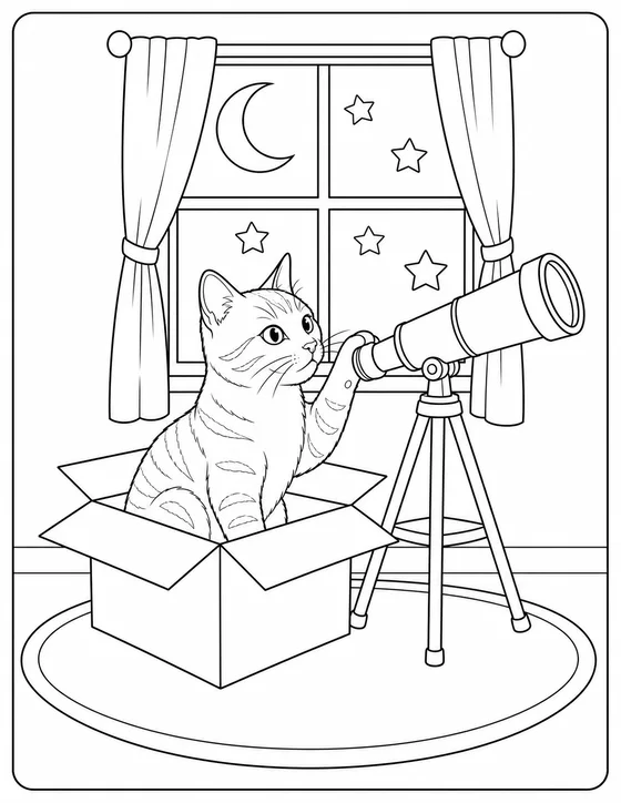 Original cat coloring page with a cat in a cardboard box beside a telescope, moon, and stars