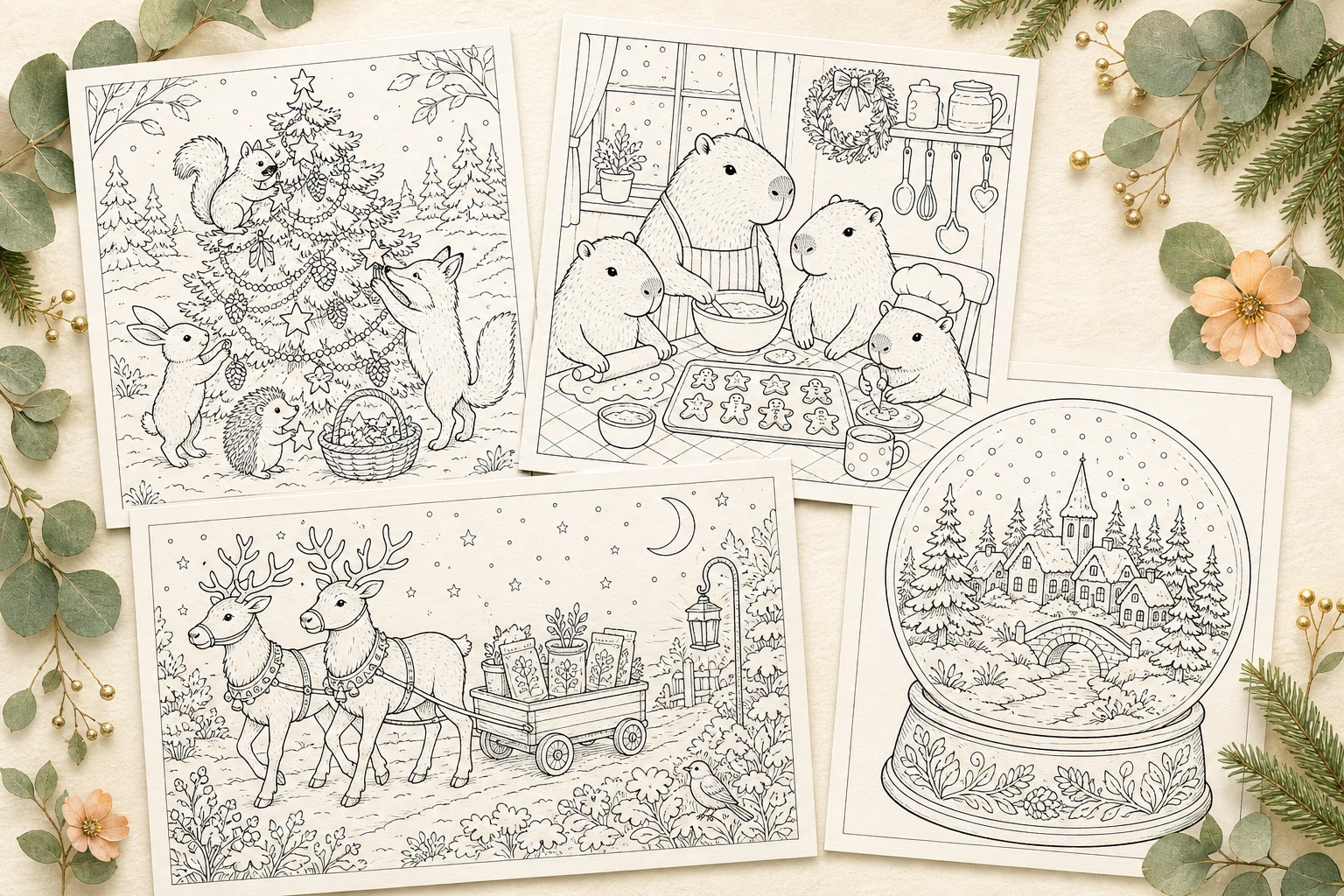 Four original Christmas coloring page concepts on warm paper: woodland tree decorating, capybara gingerbread baking, reindeer seed wagon, and a snow-globe village