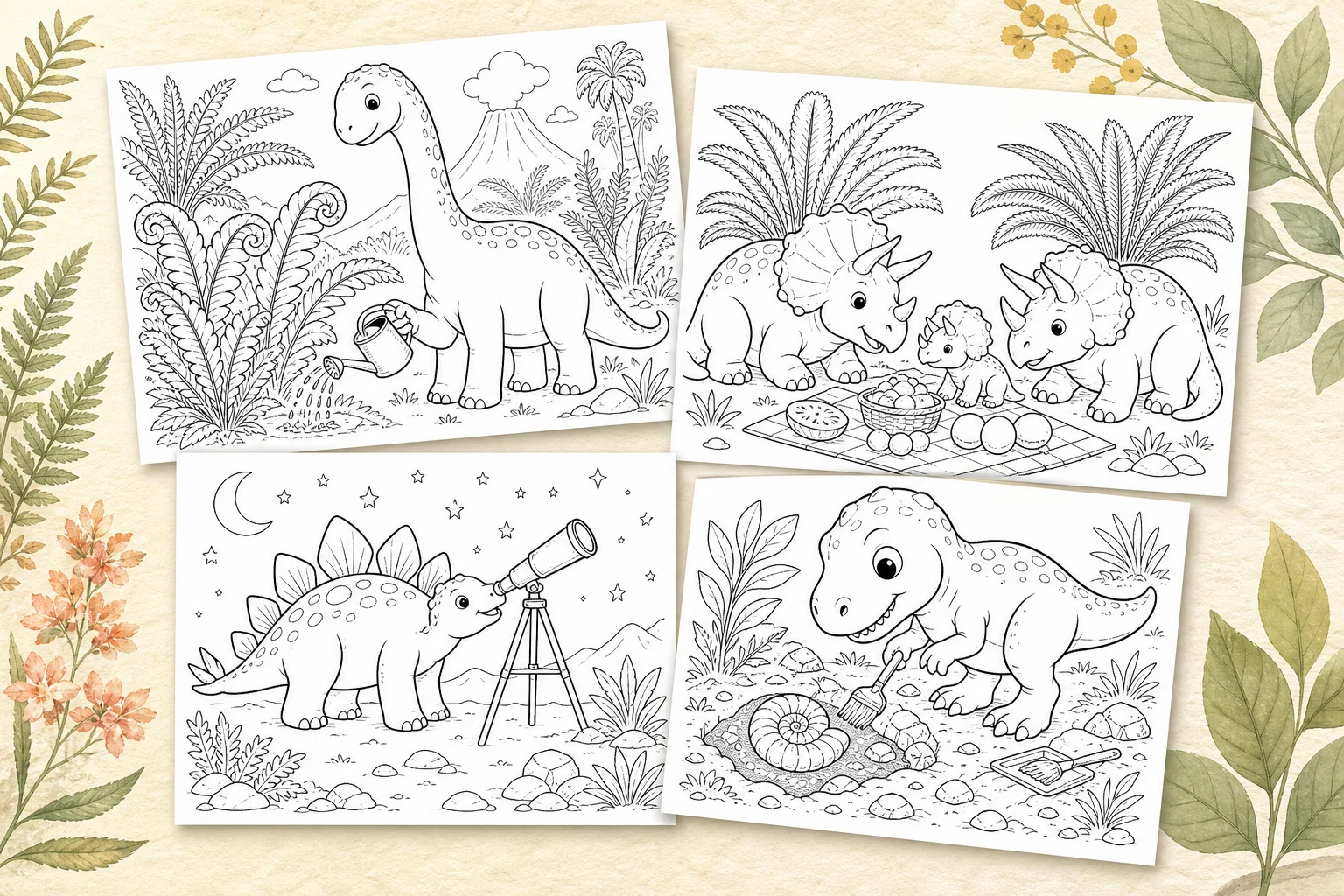 Four original dinosaur coloring page concepts on warm botanical paper: fern gardener, triceratops picnic, stegosaurus astronomer, and fossil discovery