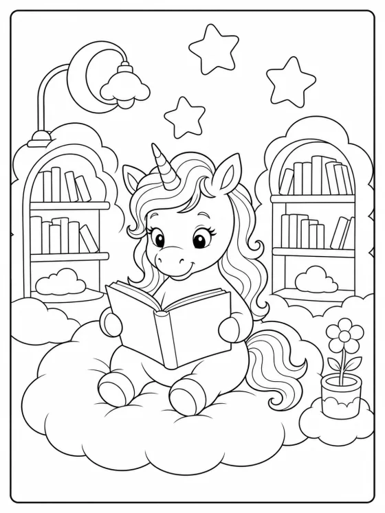 Original unicorn coloring page showing a unicorn reading in a cloud library