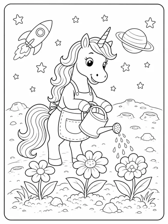 Original unicorn coloring page with a watering can, moon flowers, rocket, stars, and ringed planet