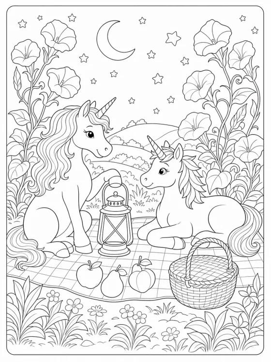 Original detailed unicorn coloring page with two unicorns having a lantern picnic in a moonflower garden
