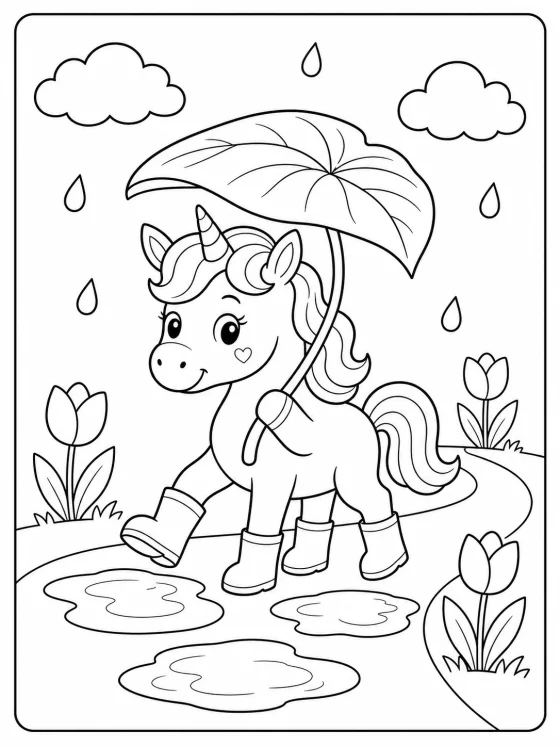 Original simple unicorn coloring page with rain boots, a leaf umbrella, puddles, and tulips