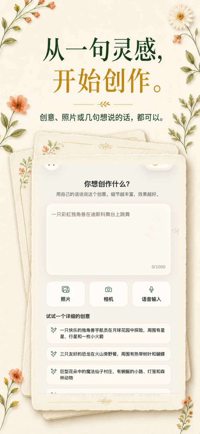 Lumo 中文创作界面，可从照片、相机或语音开始