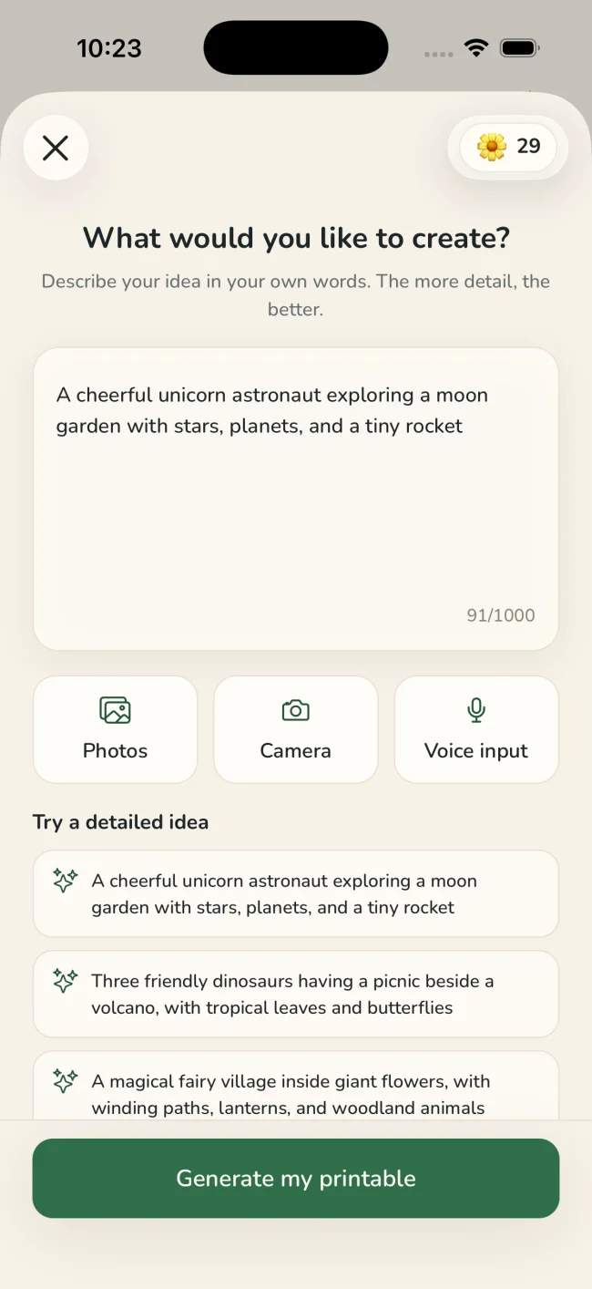The Lumo create screen with photo, camera, and voice input choices
