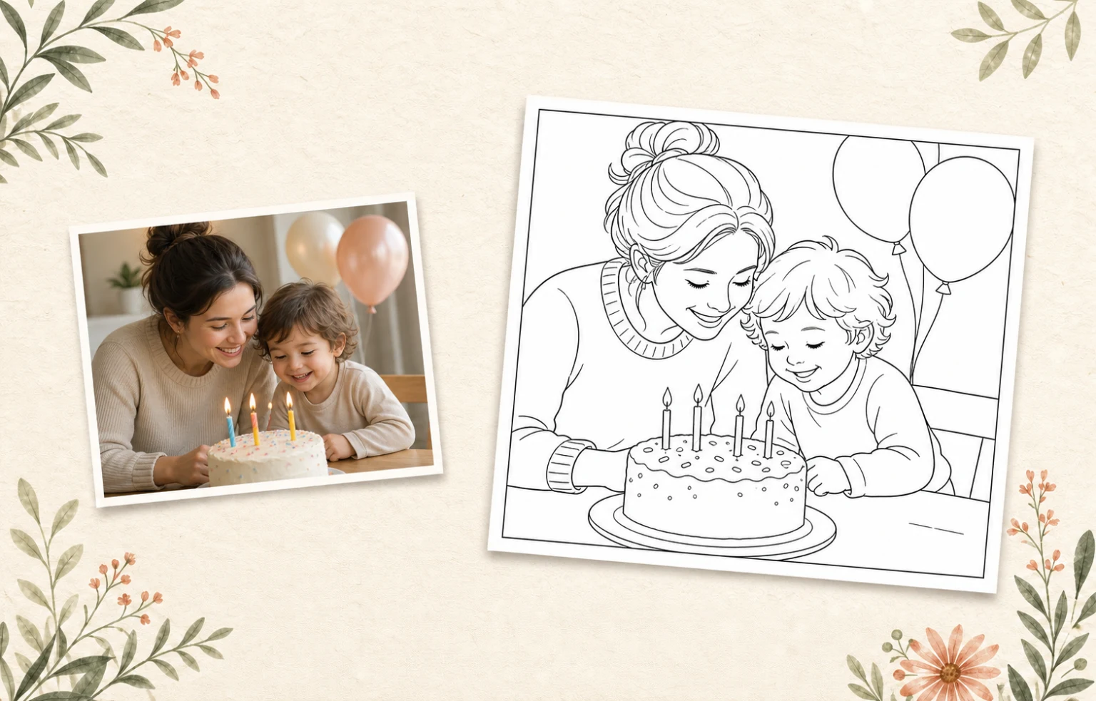 A caregiver and child beside a birthday cake, shown next to a personalized printable coloring page made from the same moment