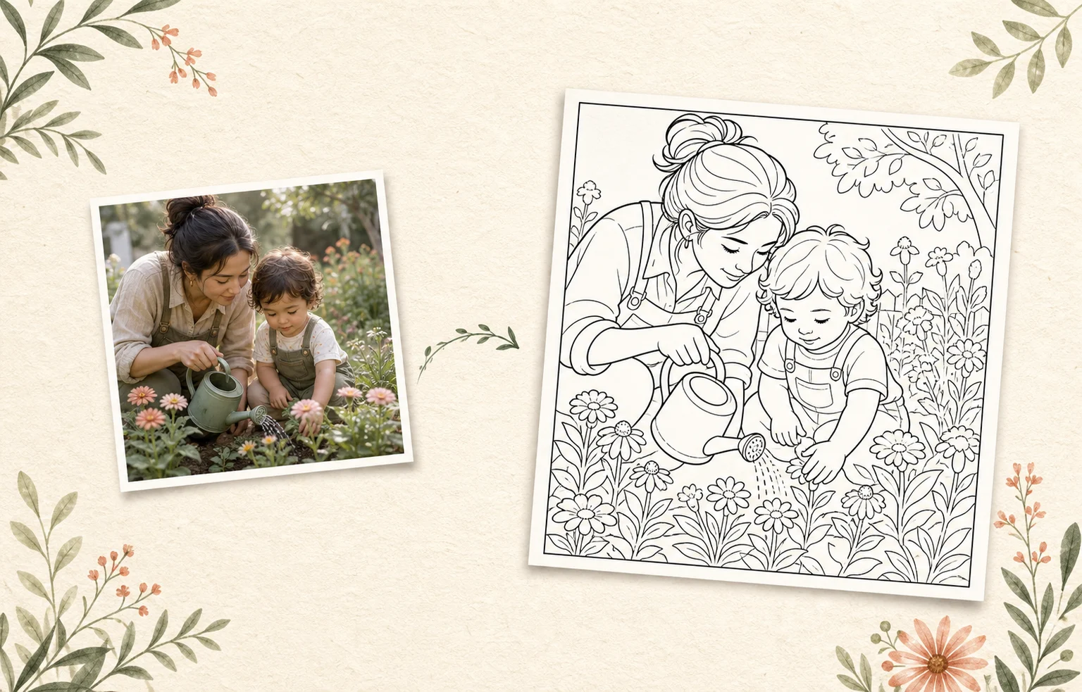 Familienfoto im Garten neben einem persönlichen Ausmalbild aus demselben Moment