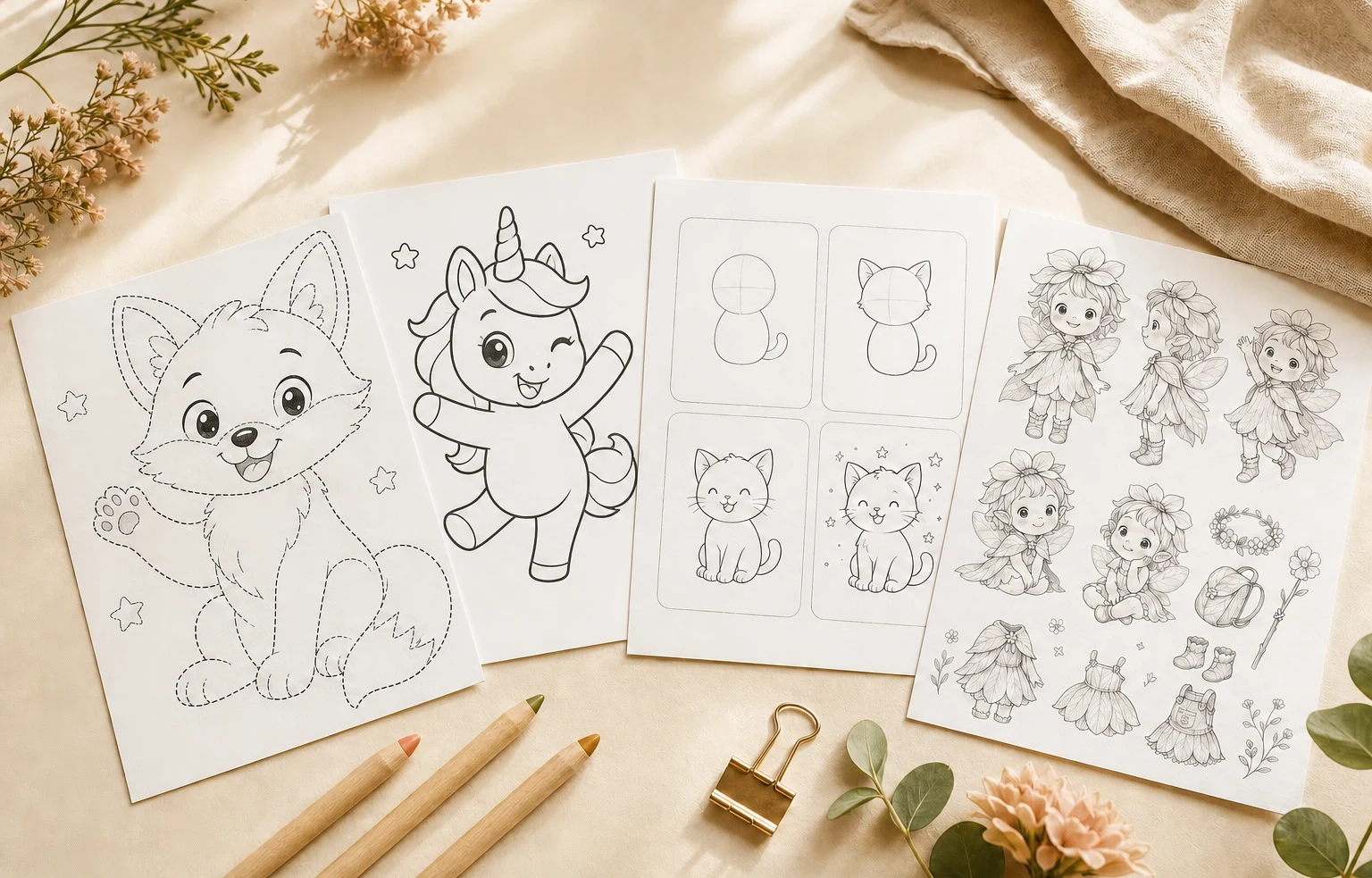 Four preschool printables on a warm preparation table: tracing, coloring, drawing steps, and a story-character sheet